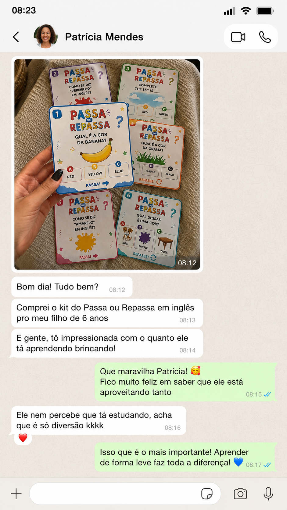 Conversa no WhatsApp da Patrícia Mendes contando que o filho aprende brincando com o kit